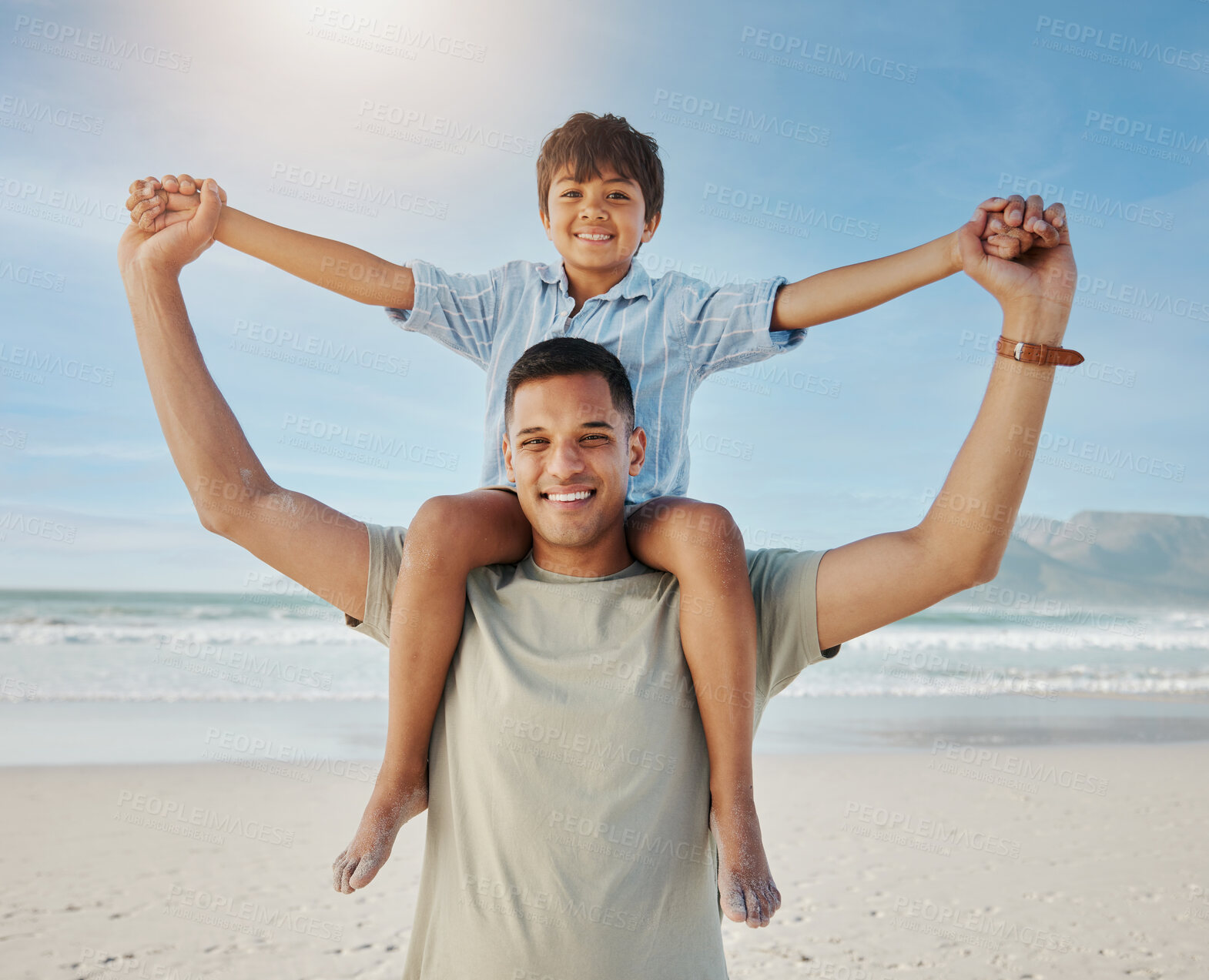 Buy stock photo Portrait of father, child on shoulders and beach, smile together in summer waves on tropical island holiday in Hawaii. Fun, dad and boy on ocean vacation with love, support and relax with blue sky.