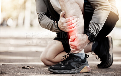 Buy stock photo Joint pain, legs and running, fitness and red overlay, injury with person outdoor, sneakers and stress fracture. Inflammation, fibromyalgia and health, runner and muscle tension, glow and exercise