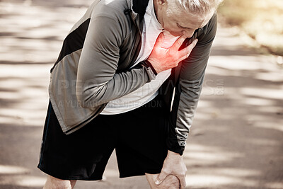 Buy stock photo Chest pain, heart attack and running, fitness and red overlay, injury with person outdoor, cardio and stress. Indigestion, cardiovascular and health, runner and pressure with glow and exercise