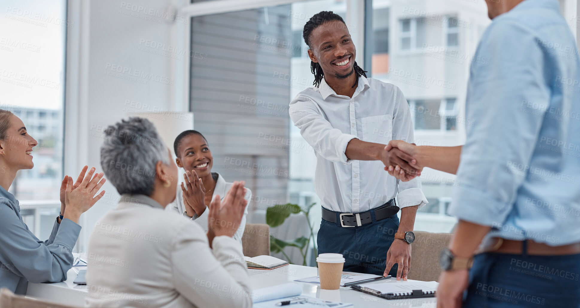 Buy stock photo Handshake, meeting and business people in office for teamwork, collaboration and partnership. Corporate office, professional and happy workers shaking hands for agreement, b2b deal and thank you