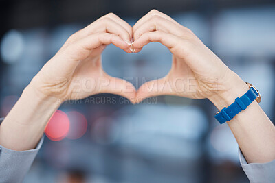 Buy stock photo Closeup, person and hearts hands with support, care and kindness with emoji, hope and romance. Zoom, employee and symbol for love with a sign, romantic gesture and emotion with icon, review or loving