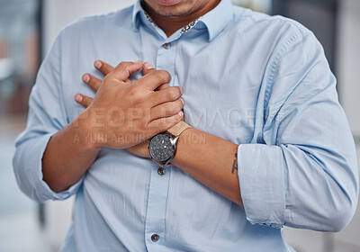 Buy stock photo Heart attack, pain and man holding chest in a office with medical, healthcare and emergency. Stress, business and male professional with anxiety and cardiovascular injury from corporate burnout