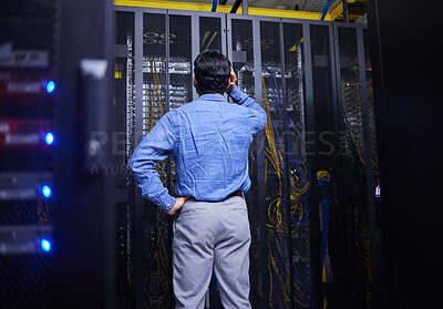 Buy stock photo Server room, cables or confused man with hardware for cybersecurity glitch or software solution. Doubt, man or back of stressed male engineer fixing network for information technology or IT support