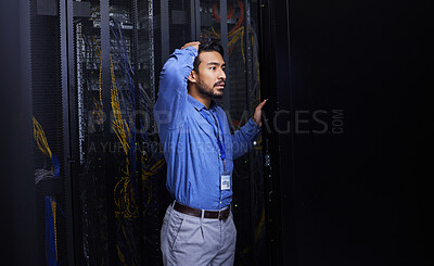 Buy stock photo Server room, mistake or male technician with hardware or cables for cybersecurity glitch or machine problem. Doubt, thinking or confused engineer with error in information technology or IT support