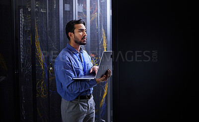 Buy stock photo Man, thinking and laptop for server room inspection, data center solution and coding, engineering and programming. Person on computer, information technology check or electrician with cables at night