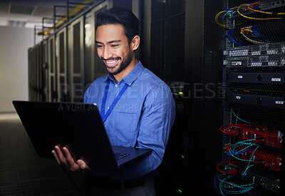 Buy stock photo Man, server room and computer for happy programming, system solution and data center, coding or cybersecurity. Business person, laptop and engineering network, gdpr software and backup or maintenance