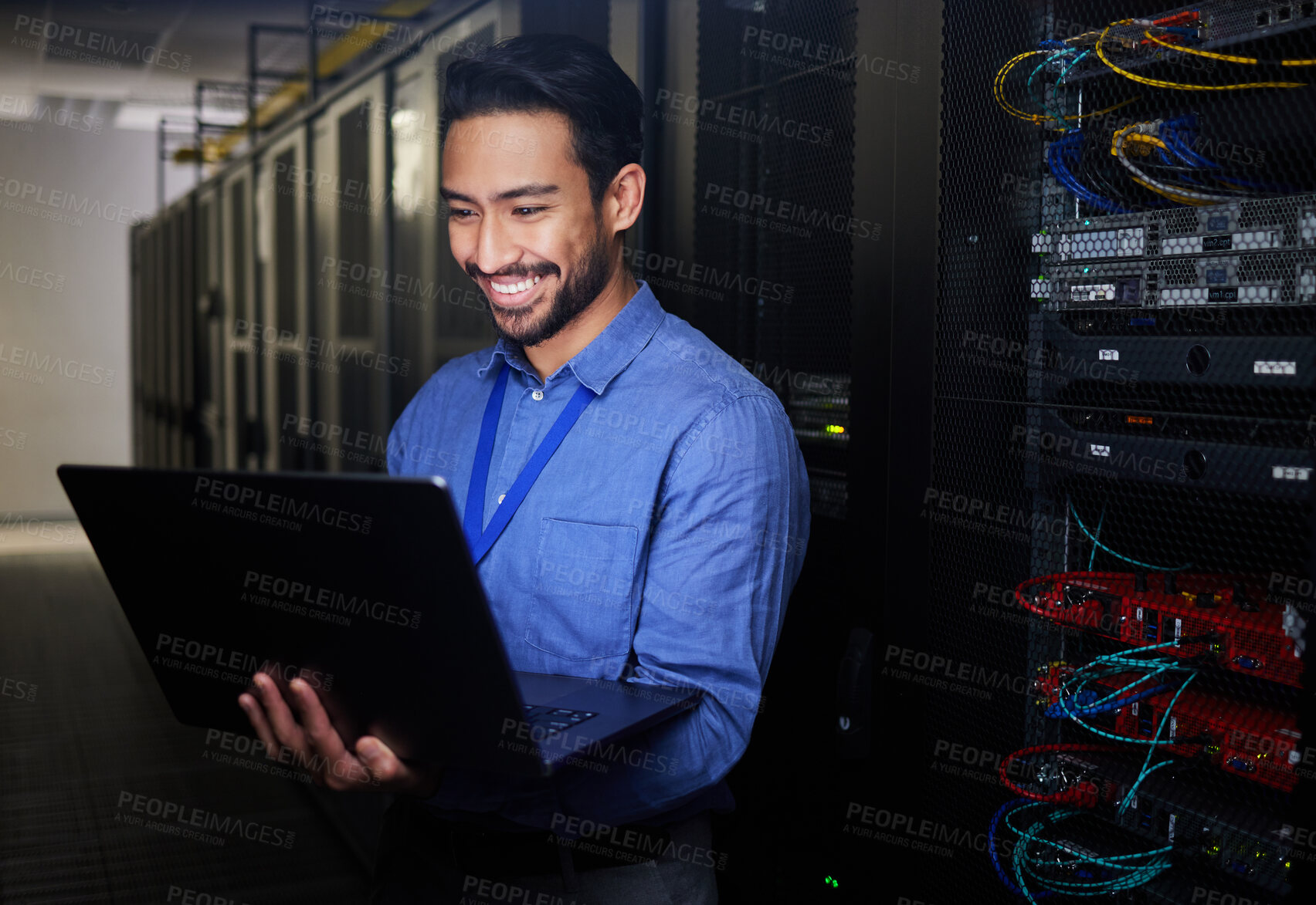 Buy stock photo Man, server room and computer for happy programming, system solution and data center, coding or cybersecurity. Business person, laptop and engineering network, gdpr software and backup or maintenance