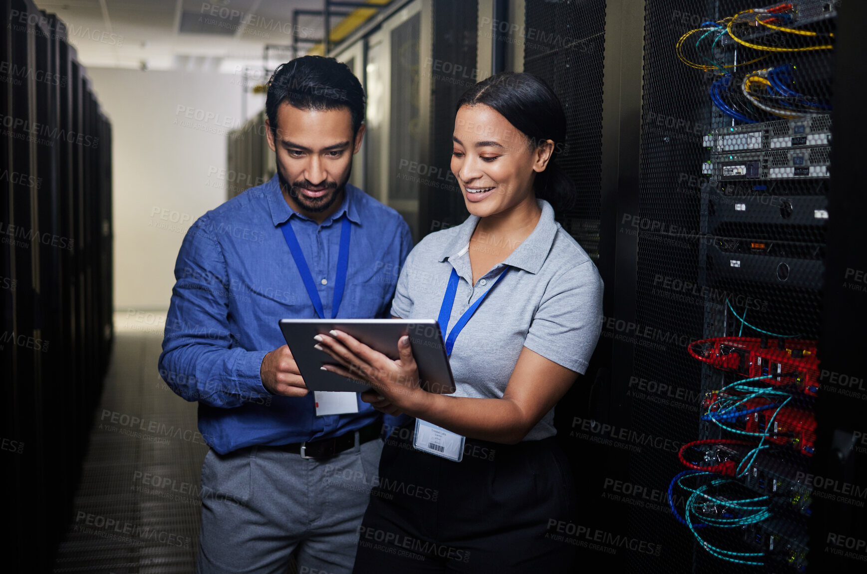 Buy stock photo People, manager and tablet for server room, cybersecurity, engineering, programming or coding solution. Business man and woman in data center, digital technology and hardware or software teamwork