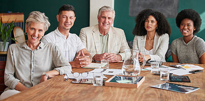 Buy stock photo Business people, portrait and corporate team in a meeting with a smile, pride and collaboration. Professional men and women in an office for company strategy, planning and development with diversity
