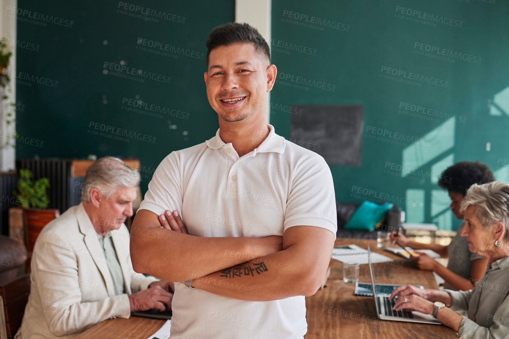 Buy stock photo Smile, portrait and a man in a meeting with arms crossed for coworking and business pride. Happy, office and a mature businessman with confidence in professional team and career in the workplace