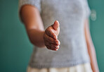 Business woman, handshake and meeting in hiring, introduction or b2b deal agreement at office. Closeup of female person shaking hands in recruiting, promotion or greeting and thank you at workplace