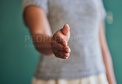 Buy stock photo Business woman, handshake and meeting in hiring, introduction or b2b deal agreement at office. Closeup of female person shaking hands in recruiting, promotion or greeting and thank you at workplace