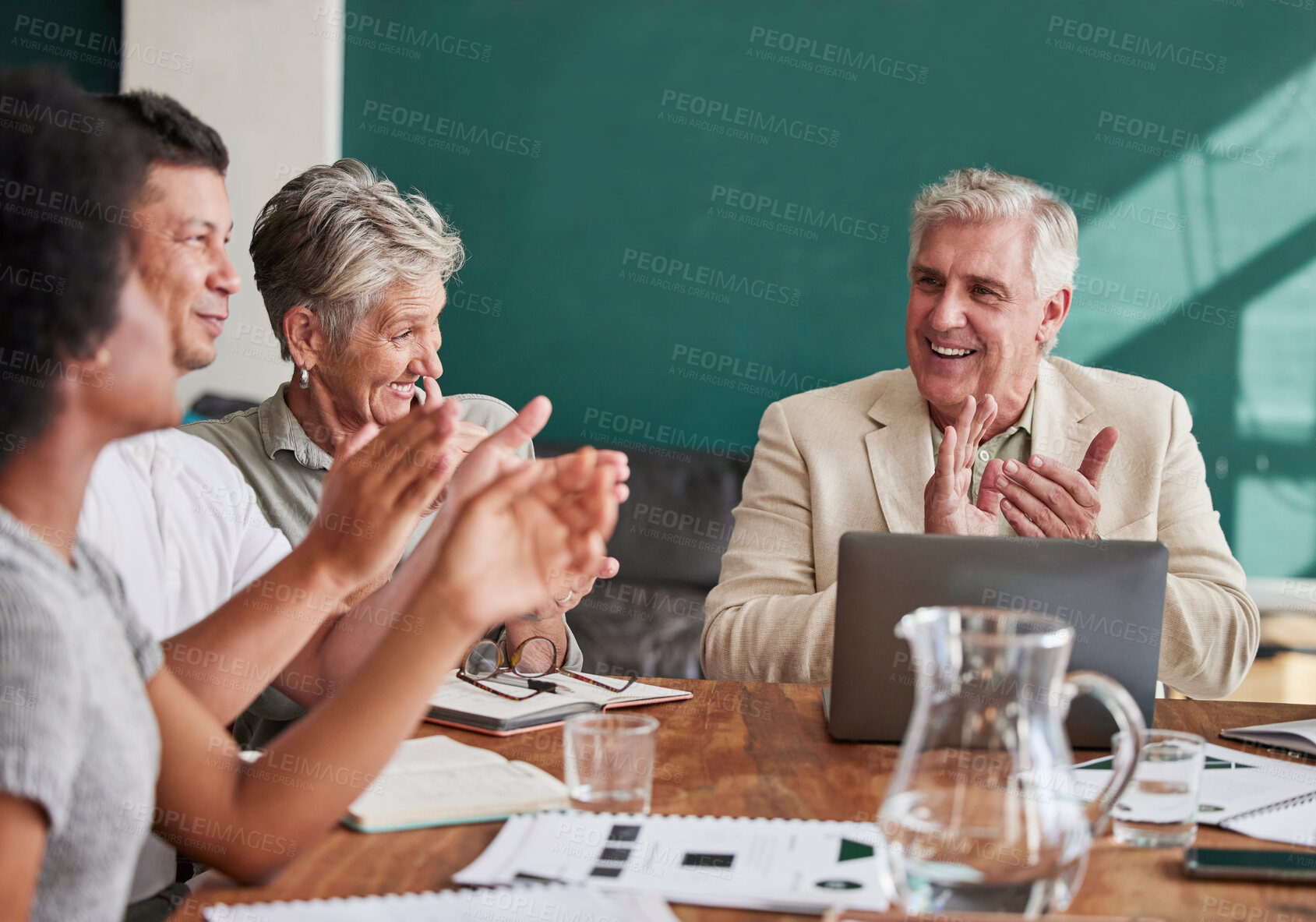 Buy stock photo Business people, clapping and celebrate success in a meeting with a smile, pride and teamwork. Corporate men and women group applause in office for company growth, achievement and win with diversity

