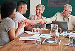 Applause, promotion and bonus with business people shaking hands in an office during a meeting. Success, motivation and handshake for support, partnership or thank you in the company boardroom