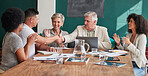 Applause, success and bonus with business people shaking hands in an office during a meeting. Promotion, motivation and handshake for support, partnership or thank you in the company boardroom