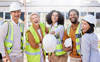 Buy stock photo Team, architecture and helmet, diversity and construction with maintenance, contractor and happiness. Engineering, working together and property development, urban infrastructure and collaboration