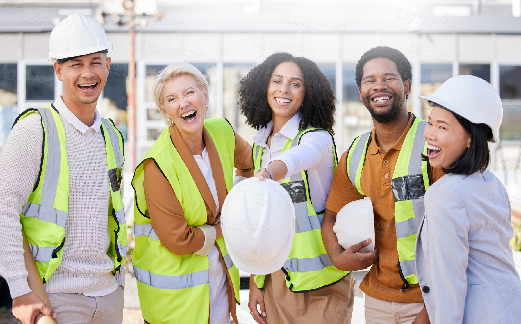 Buy stock photo Team, architecture and helmet, diversity and construction with maintenance, contractor and happiness. Engineering, working together and property development, urban infrastructure and collaboration
