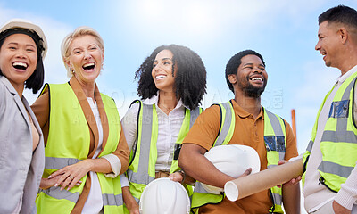 Buy stock photo Team, architecture and people are laughing, construction and maintenance job with diversity outdoor. Engineering, property development and urban infrastructure collaboration, funny and industrial