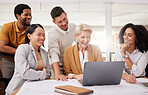Business people, teamwork and collaboration on computer with marketing meme, collaboration or funny presentation in meeting. Professional manager or group of men and women on laptop or website design