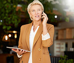 Woman, phone call and thinking of cafe communication, e commerce management and sales news. Manager or small business owner talking with ideas on mobile chat, digital tablet and restaurant networking