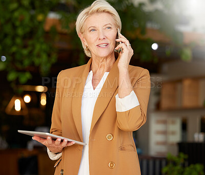 Buy stock photo Woman, phone call and thinking of cafe communication, e commerce management and sales news. Manager or small business owner talking with ideas on mobile chat, digital tablet and restaurant networking