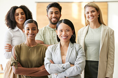 Buy stock photo Portrait, teamwork and diversity of happy business people in office for collaboration, solidarity or global company management. Group, smile and arms crossed for support, pride or professional agency