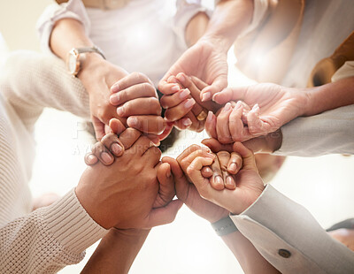 Buy stock photo Office, teamwork and holding hands in circle for team building, trust and motivation at startup company. Work, goals and diversity in group of business people with growth, helping hand and support.