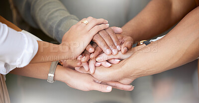 Buy stock photo Office, teamwork and hands together in huddle for team building, collaboration and motivation at startup company. Work, goals and diversity, employees in business with growth, development and support