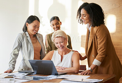 Buy stock photo Business women, planning and collaboration on laptop for marketing meeting, teamwork and happy presentation in office. Professional people, manager and employees on computer for website design ideas