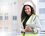 Engineer, tablet and portrait of a woman outdoor for construction, development or planning. Happy technician person with technology in a city for project management, maintenance and inspection app