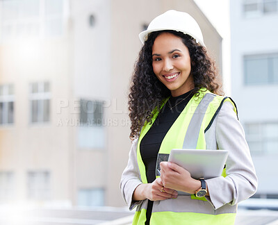 Buy stock photo Engineer, tablet and portrait of a woman outdoor for construction, development or planning. Happy technician person with technology in a city for project management, maintenance and inspection app