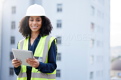 Buy stock photo Tablet, engineering and portrait of woman outdoor for construction, development or plan. African engineer person and technology for project management, city maintenance or building inspection space