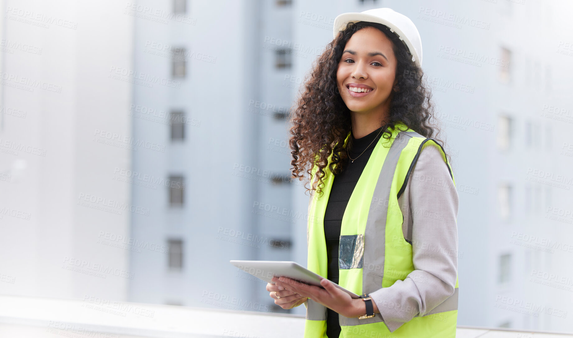 Buy stock photo Engineering, tablet and portrait of a woman outdoor for planning, search or communication. Engineer person with tech in city for building construction, management or maintenance and inspection space