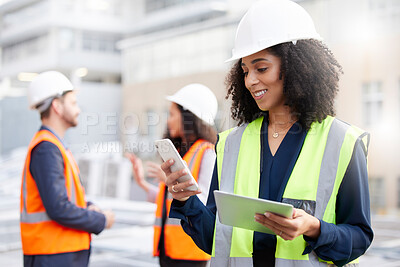 Buy stock photo Engineering, phone and a woman outdoor for planning, search or communication. African engineer person with technology in a city for construction site, project management or app for maintenance team