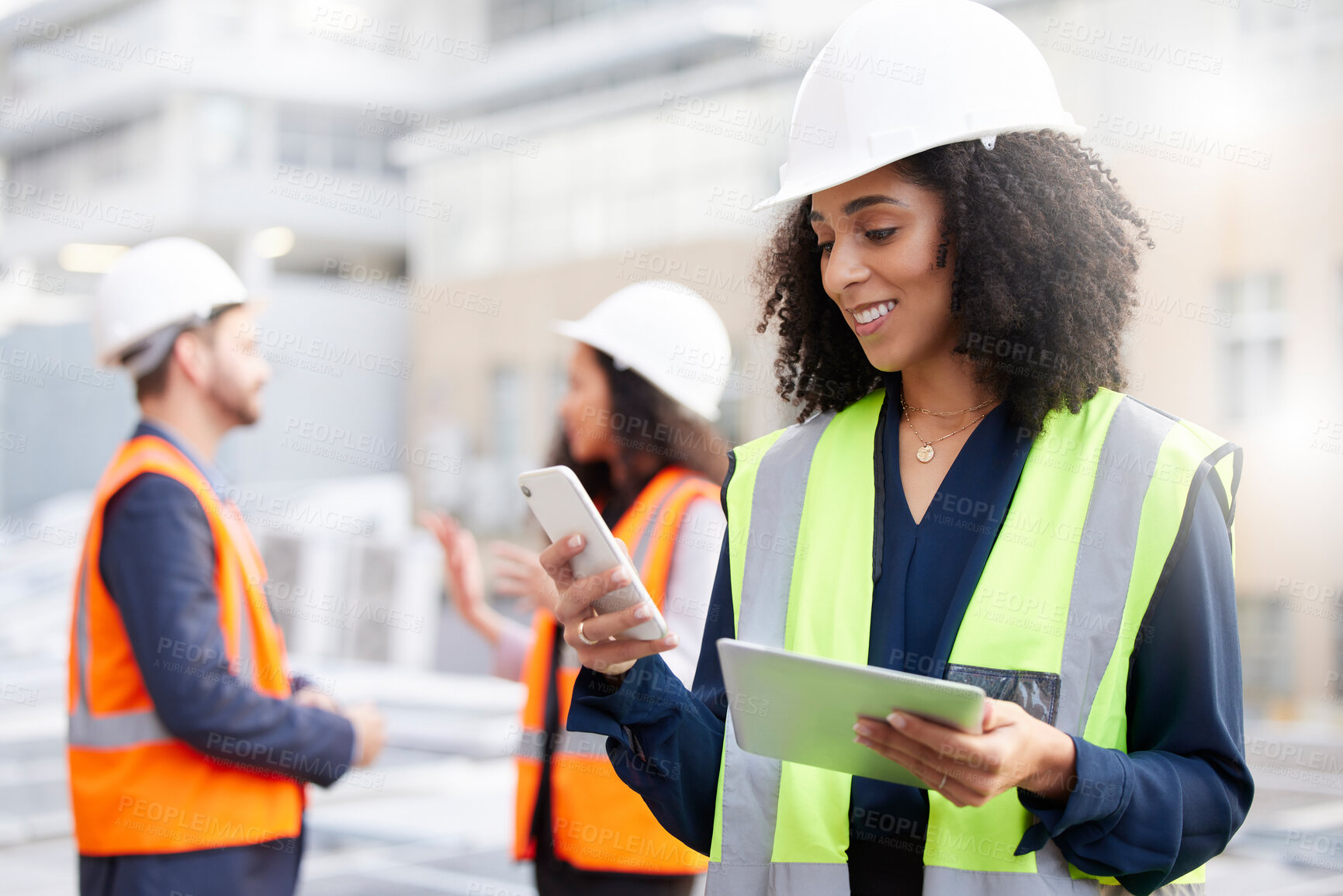 Buy stock photo Engineering, phone and a woman outdoor for planning, search or communication. African engineer person with technology in a city for construction site, project management or app for maintenance team