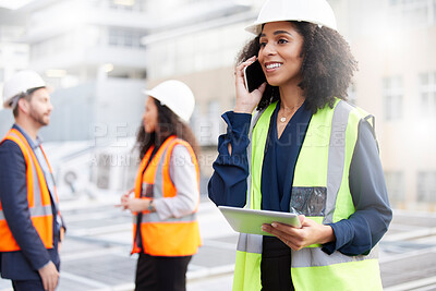 Buy stock photo Phone call, engineering and a woman outdoor talking about planning, development or project management. African engineer person with technology in city for construction site, communication or feedback