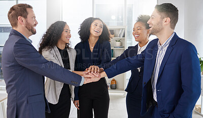 Buy stock photo Business people, meeting and hands together, team and diversity with goals, solidarity and support. Collaboration, huddle and happy working together, trust and partnership with mission and community