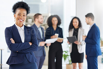 Buy stock photo Crossed arms, leadership and portrait of professional black woman in the office with confidence. Happy, smile and young African female attorney with a team of lawyers for legal project in workplace.