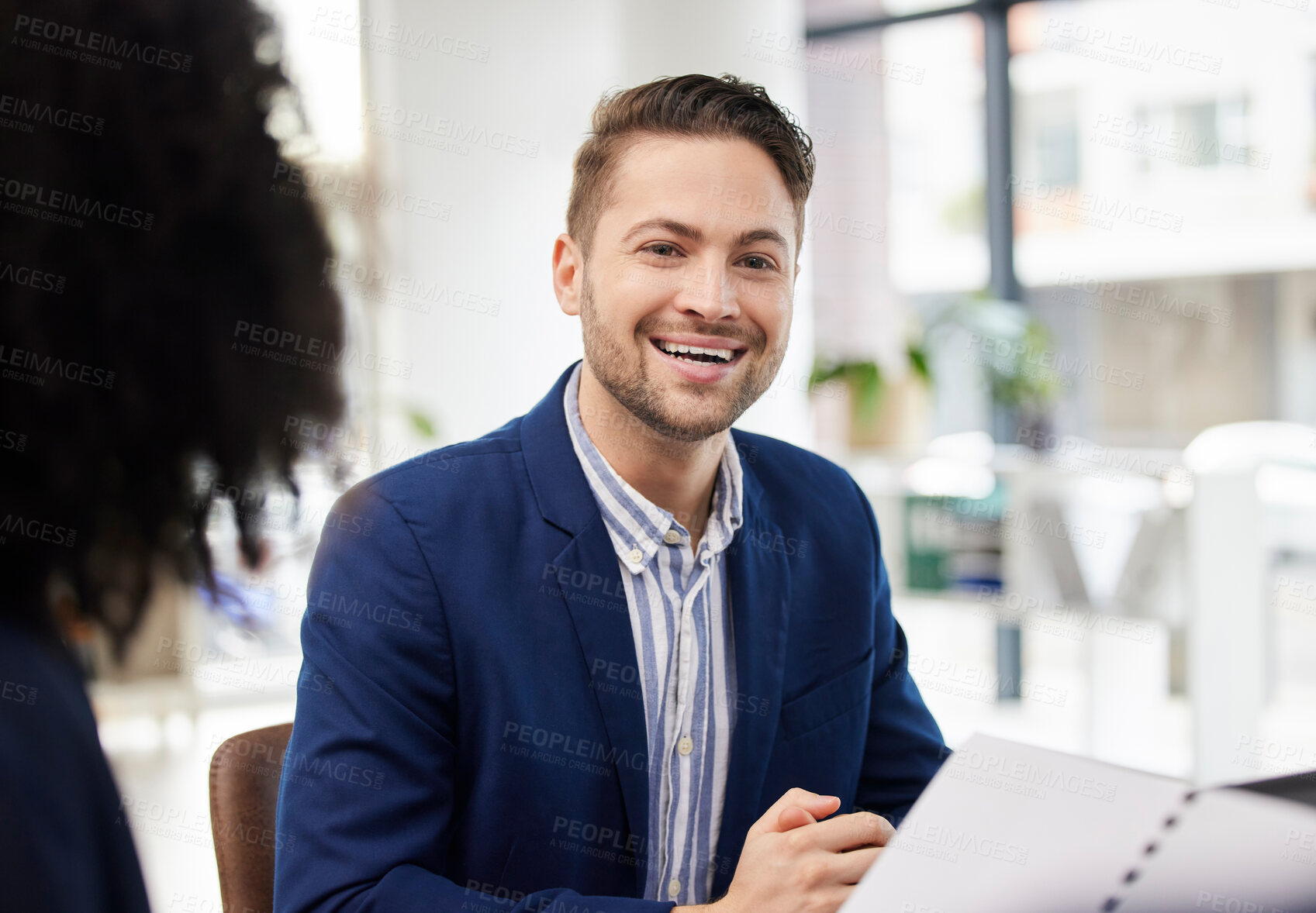 Buy stock photo Happy, meeting and portrait of business man in office smile for teamwork, collaboration and discussion. Corporate office, professional and worker with staff for conversation, planning and feedback