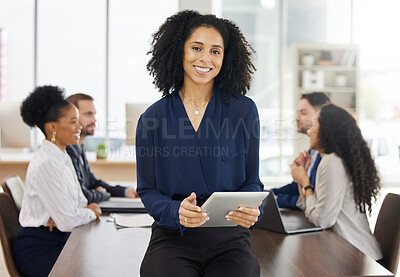 Buy stock photo Business woman, portrait and tablet for planning meeting with team or project management, discussion or marketing strategy. Corporate, employee and work in Brazil in communication or online research