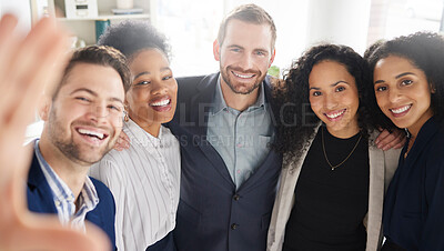 Buy stock photo Group of business people together in selfie with diversity, smile and happy in workplace for company portrait. Photography, proud men and women in office for team building, support and solidarity.