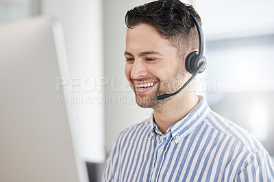 Buy stock photo Customer service, call center and happy consultant or man speaking online for technical support, advice or help. Employee, talking and consulting person In Portugal working in crm for tech startup 