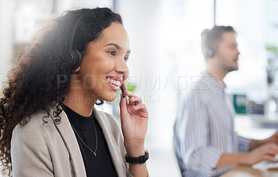 Buy stock photo Customer service, call center and happy consultant or woman speaking online for technical support, advice or help. Employee, talking and consulting person In Brazil working in crm for tech startup 