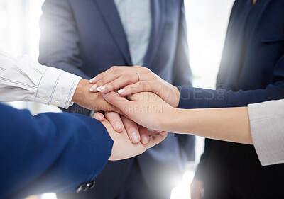 Buy stock photo Hands, stack and business people, meeting and support with solidarity, corporate community and team huddle. Mission, collaboration and partner, commitment and group of employees working together