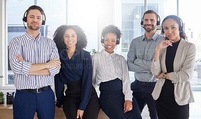 Buy stock photo Portrait, diversity and business people, call center and contact us, CRM and happy working together. Customer service group, consultant and headset with mic, communication and help desk with team