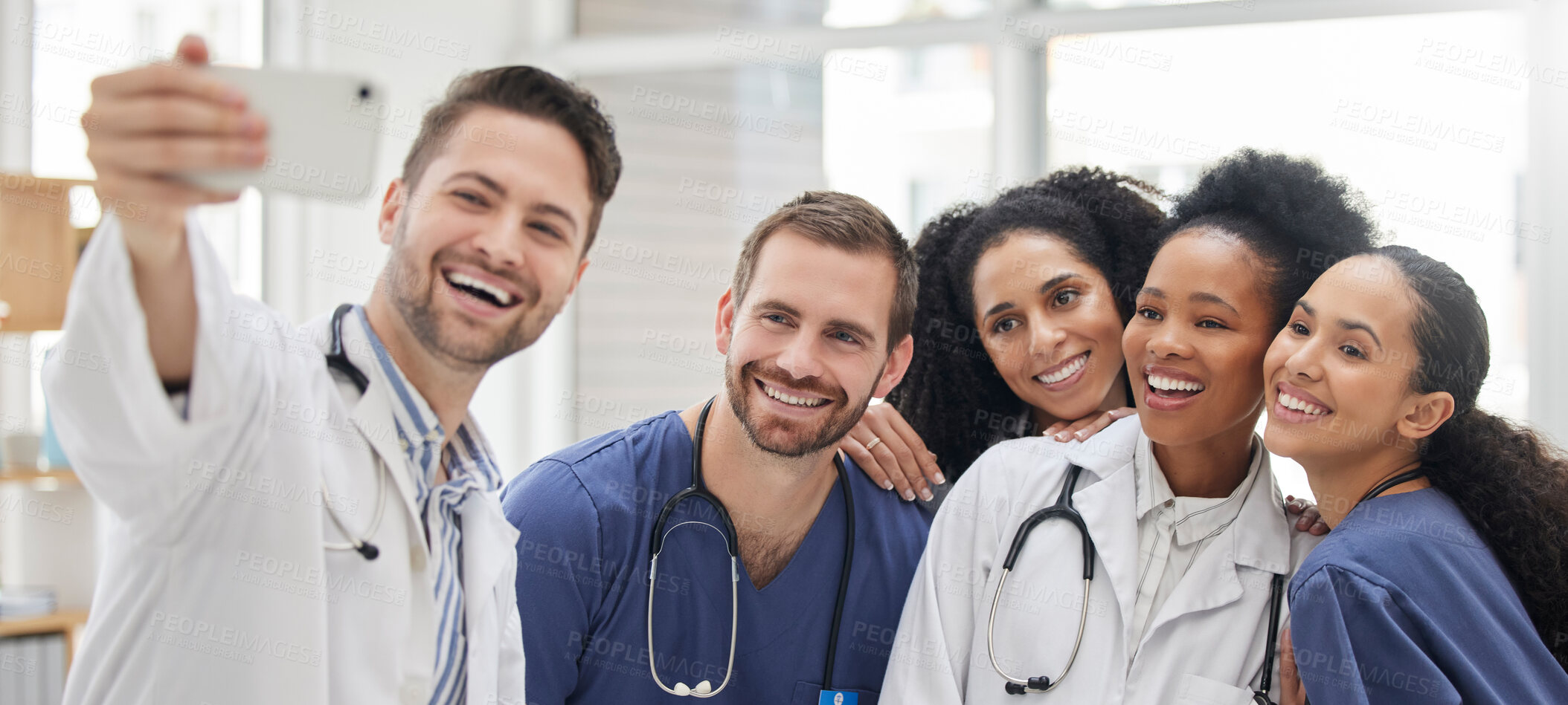 Buy stock photo Doctor, selfie and group with smile for social media and profile picture in hospital. Healthcare, nurse staff and clinic with teamwork, collaboration and happy smile from medical work and employees