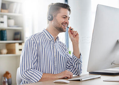 Buy stock photo Happy, customer service and consultant or man in call center speaking online for technical support, advice or help. Employee, talking and consulting person in London working in crm for tech startup