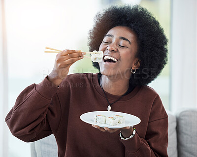 Buy stock photo Happy, eating and black woman with sushi and chopsticks for salmon, seafood and healthy dinner in home with ecommerce. Fish, dish and person excited for food delivery and smile on face for lunch