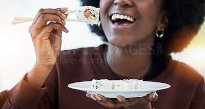 Buy stock photo Happy, black woman and eating sushi with chopsticks or salmon, seafood and healthy dinner in home with ecommerce. Luxury, dish and person excited for fish, food delivery and smile on face for lunch