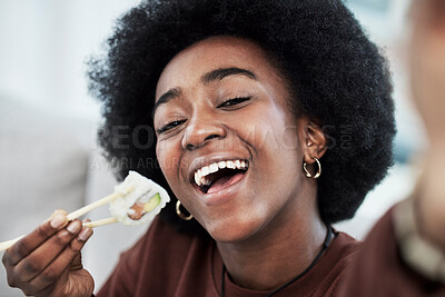 Buy stock photo Sushi, seafood and portrait with selfie of black woman at home for brunch, Japanese cuisine and social media. Profile picture and health with face of customer for nutrition, diet and fine dining